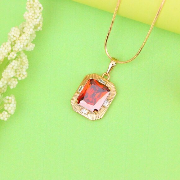 "Red Rectangle Pendant with Gold Frame and Sparkling Stone Accents, XPPT1787 - Picture 12 of 12